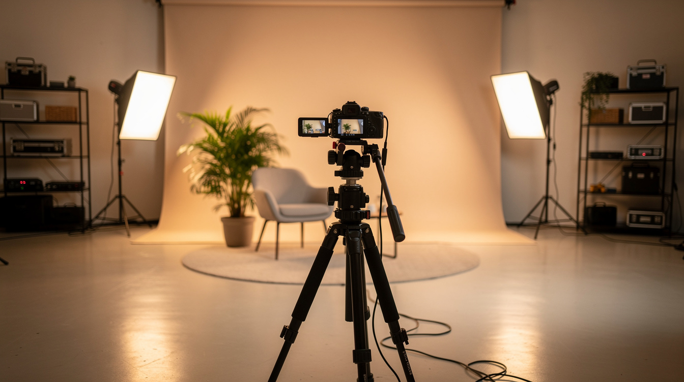 Media production studio with soft lighting and camera on a tripod