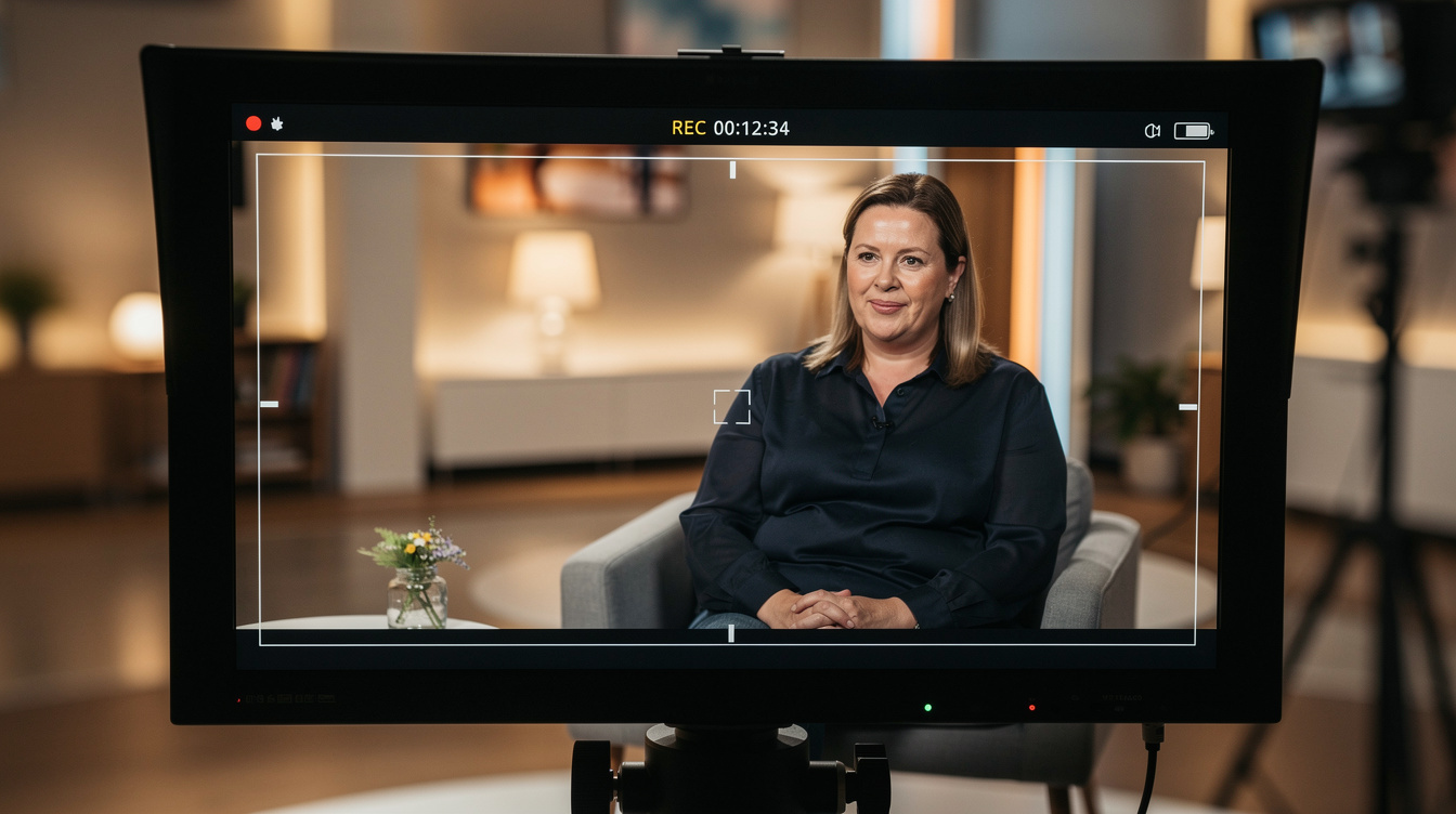 Camera framing a presenter on a studio set
