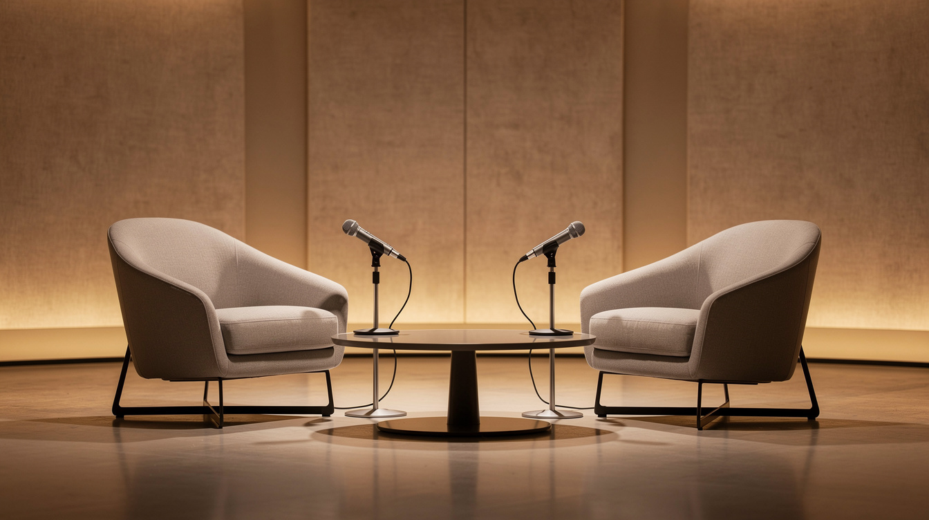 Interview setup with two chairs, microphones and studio lights