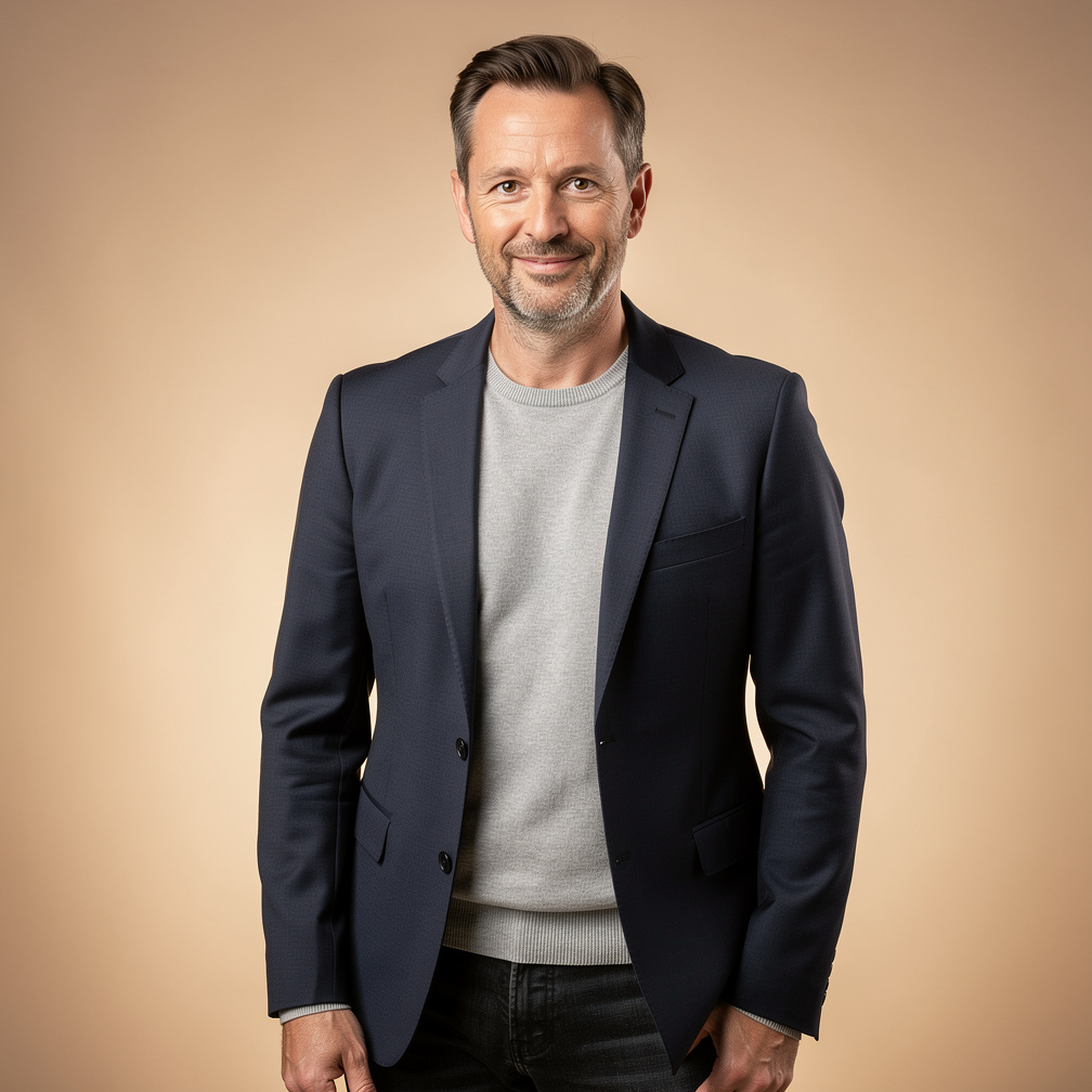 Portrait of a Belgian man show host in a studio
