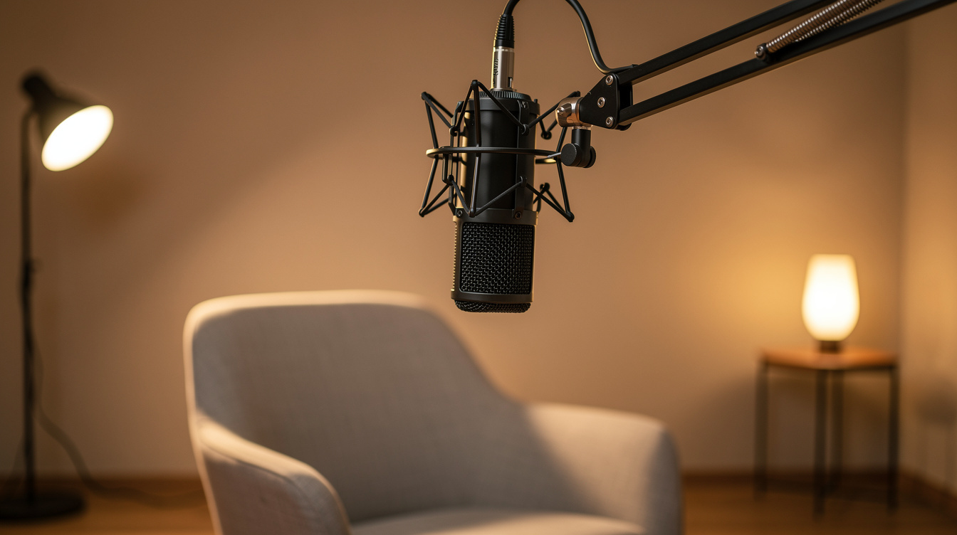 Microphone and chair prepared for a studio interview