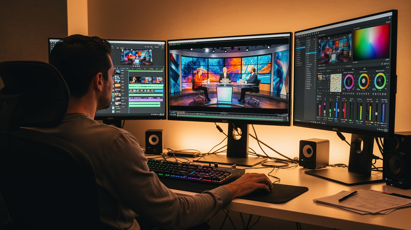 Video editor organizing footage on a workflow timeline